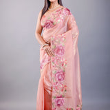 Peach Tissue Silk Saree with Floral Thread Embroidered Work - Anvi Couture