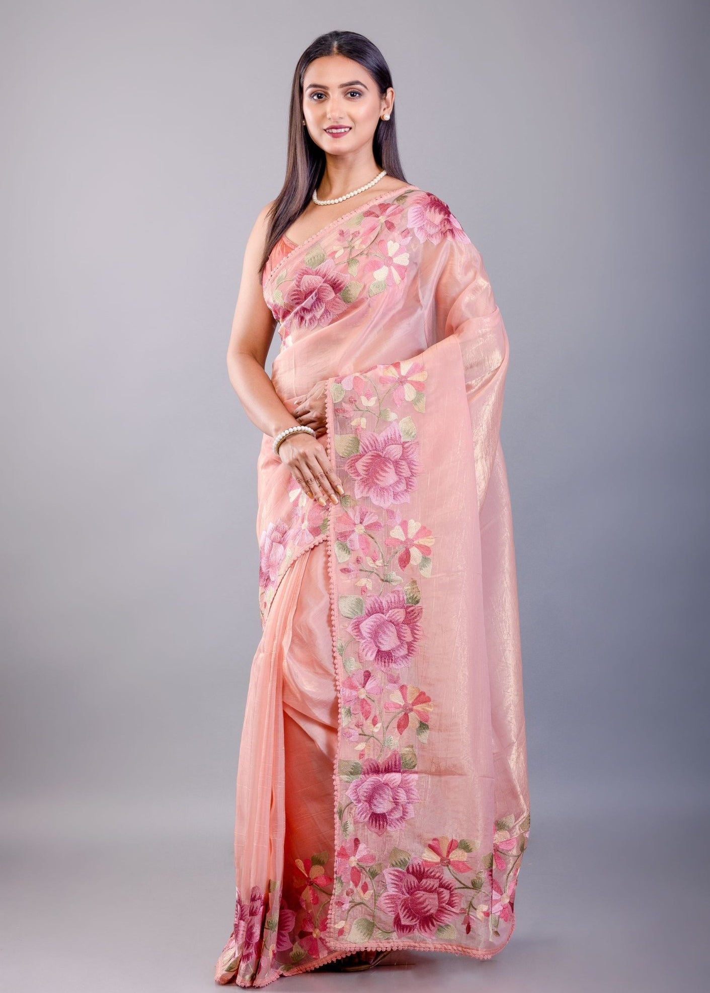 Peach Tissue Silk Saree with Floral Thread Embroidered Work - Anvi Couture