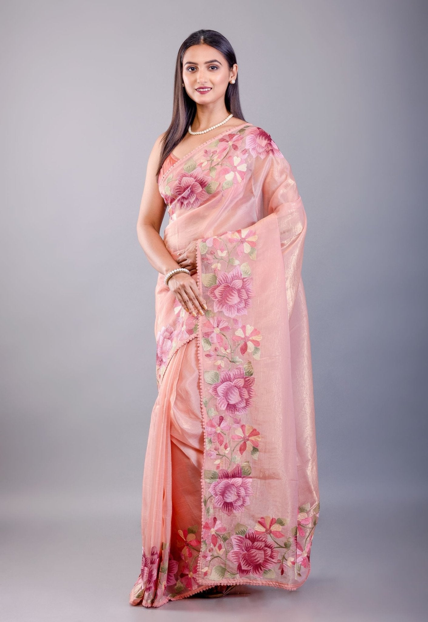 Peach Tissue Silk Saree with Floral Thread Embroidered Work - Anvi Couture