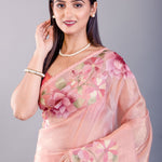 Peach Tissue Silk Saree with Floral Thread Embroidered Work - Anvi Couture