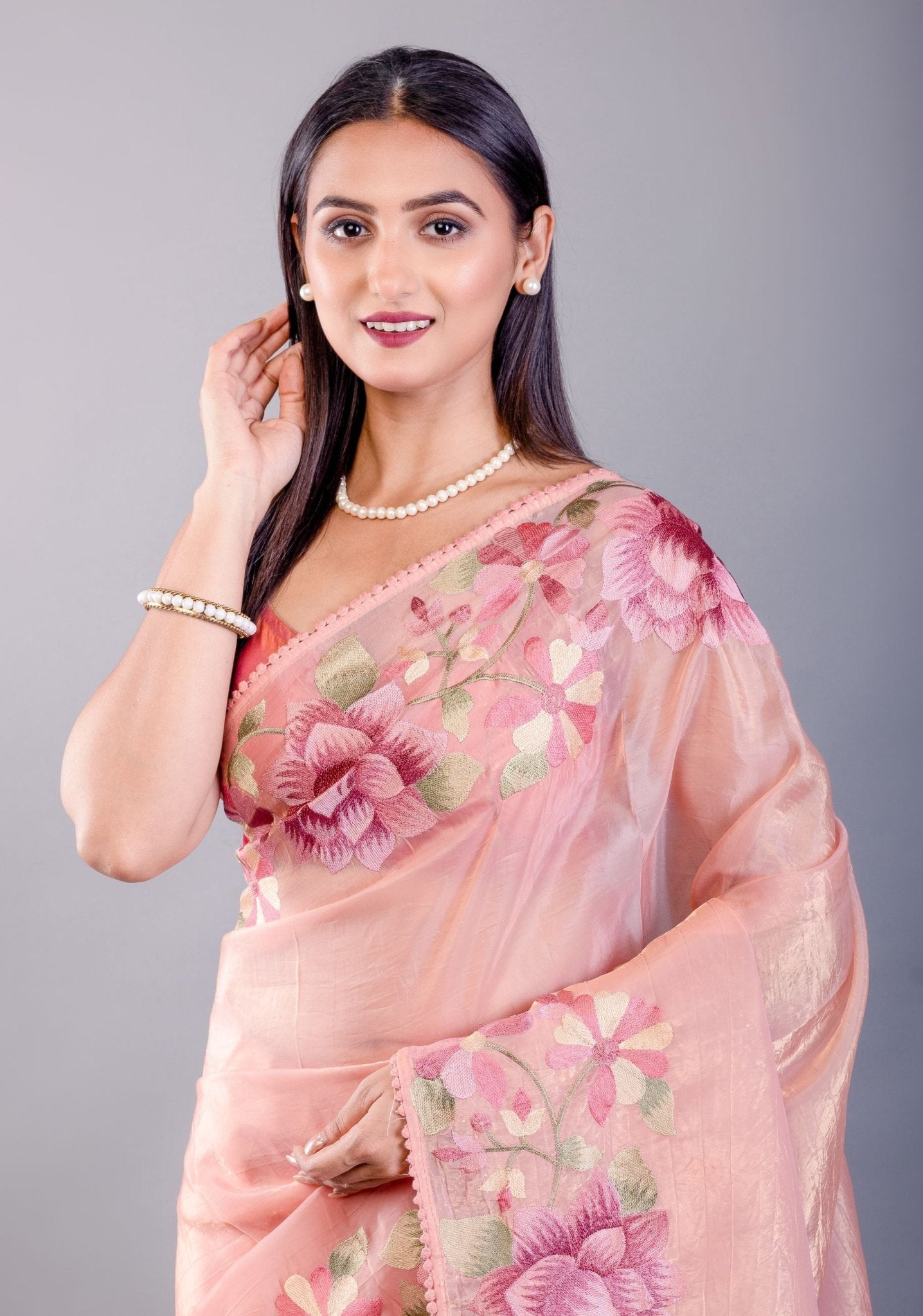 Peach Tissue Silk Saree with Floral Thread Embroidered Work - Anvi Couture