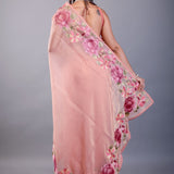 Peach Tissue Silk Saree with Floral Thread Embroidered Work - Anvi Couture