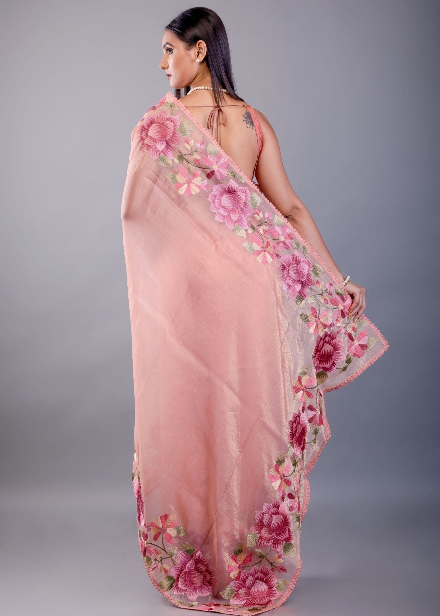 Peach Tissue Silk Saree with Floral Thread Embroidered Work - Anvi Couture