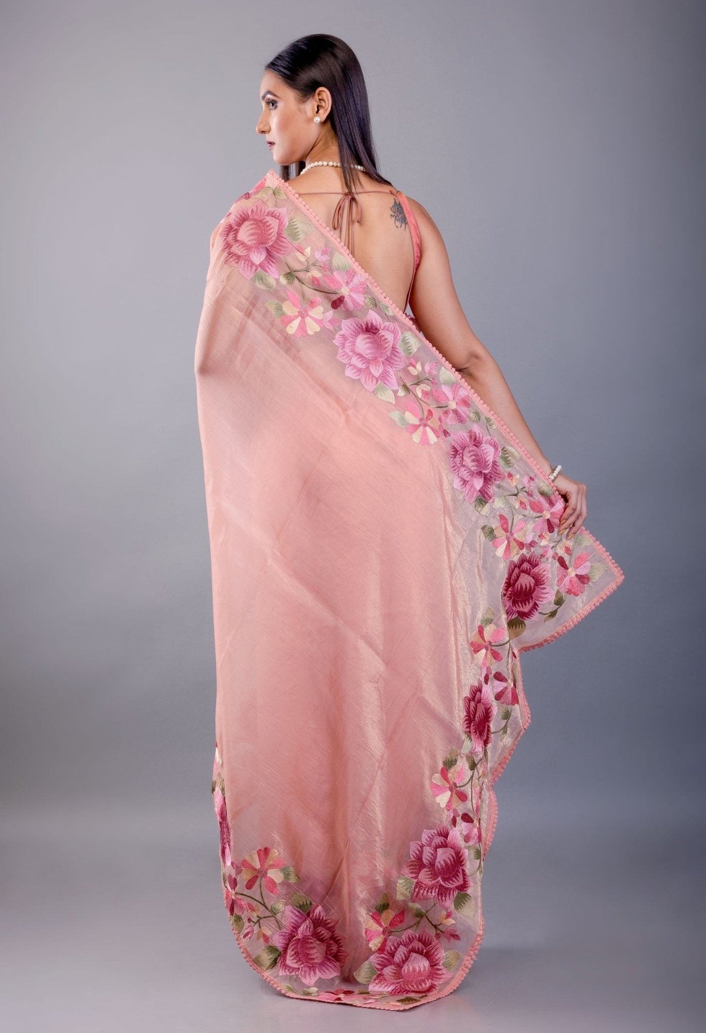 Peach Tissue Silk Saree with Floral Thread Embroidered Work - Anvi Couture