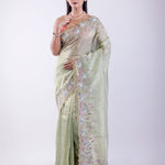 Light Green Tissue Silk Saree with Floral Thread Embroidered Work - Anvi Couture