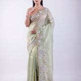 Light Green Tissue Silk Saree with Floral Thread Embroidered Work - Anvi Couture