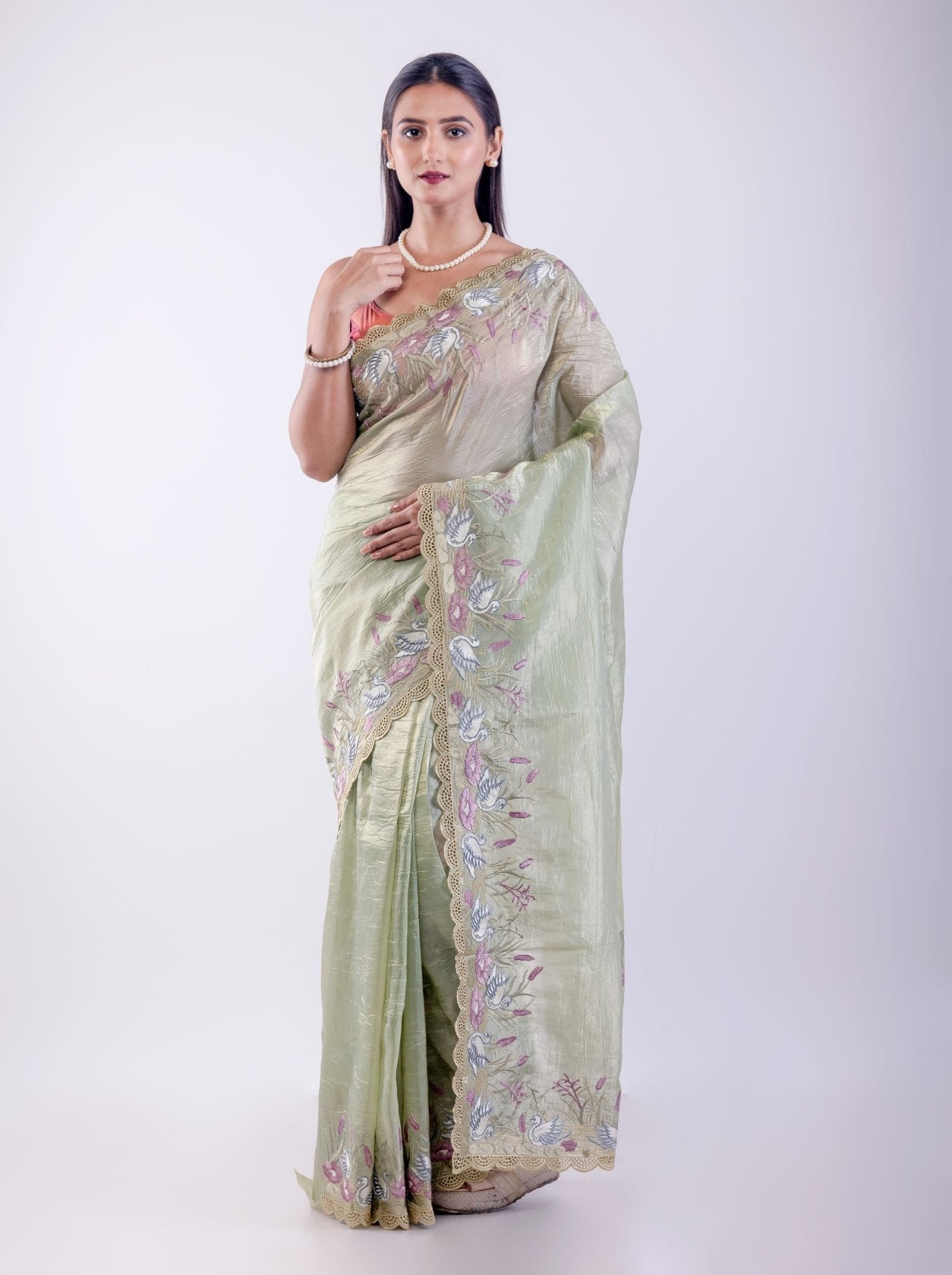 Light Green Tissue Silk Saree with Floral Thread Embroidered Work - Anvi Couture