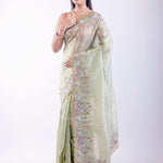 Light Green Tissue Silk Saree with Floral Thread Embroidered Work - Anvi Couture