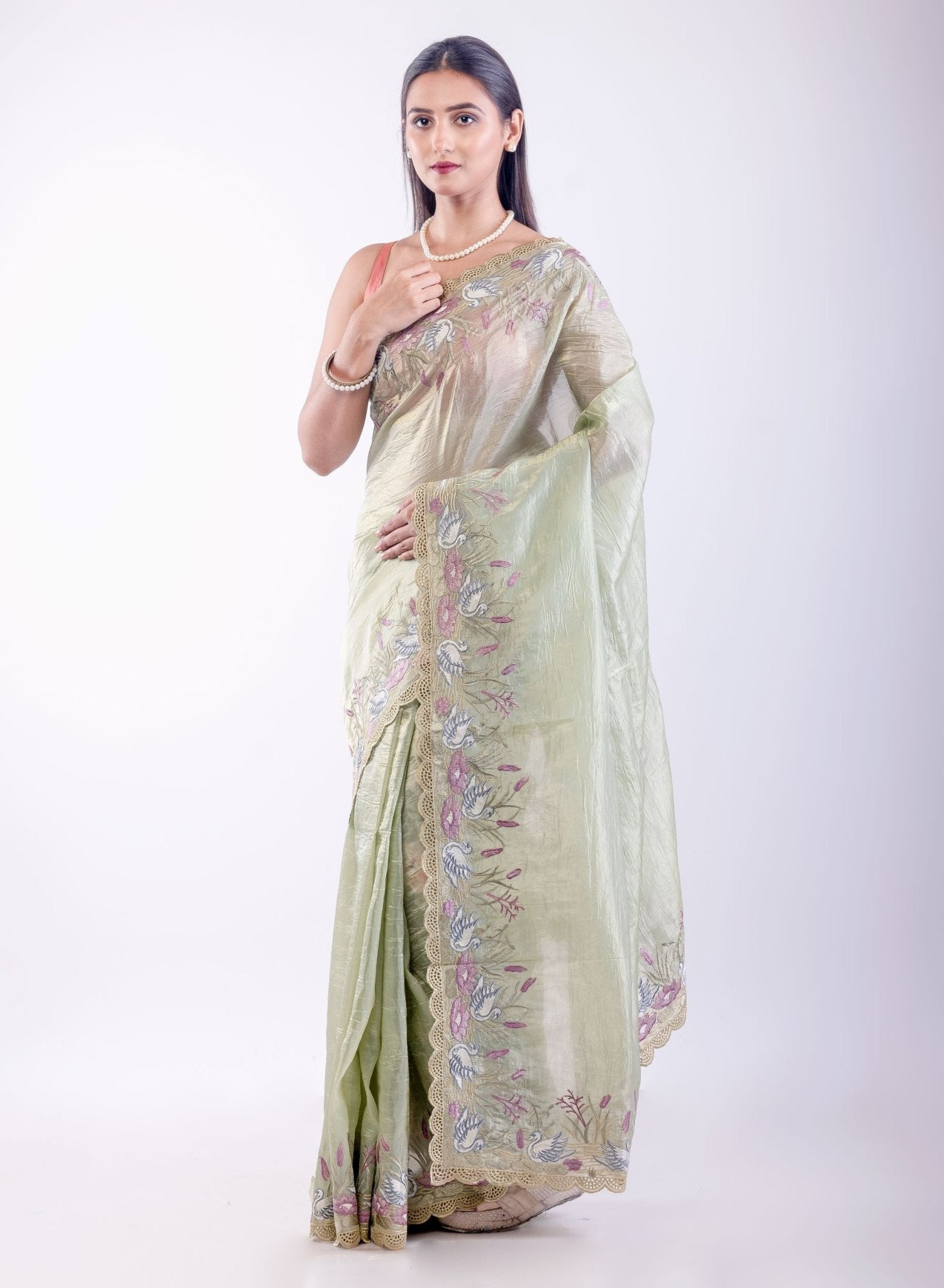 Light Green Tissue Silk Saree with Floral Thread Embroidered Work - Anvi Couture