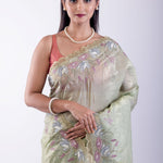 Light Green Tissue Silk Saree with Floral Thread Embroidered Work - Anvi Couture