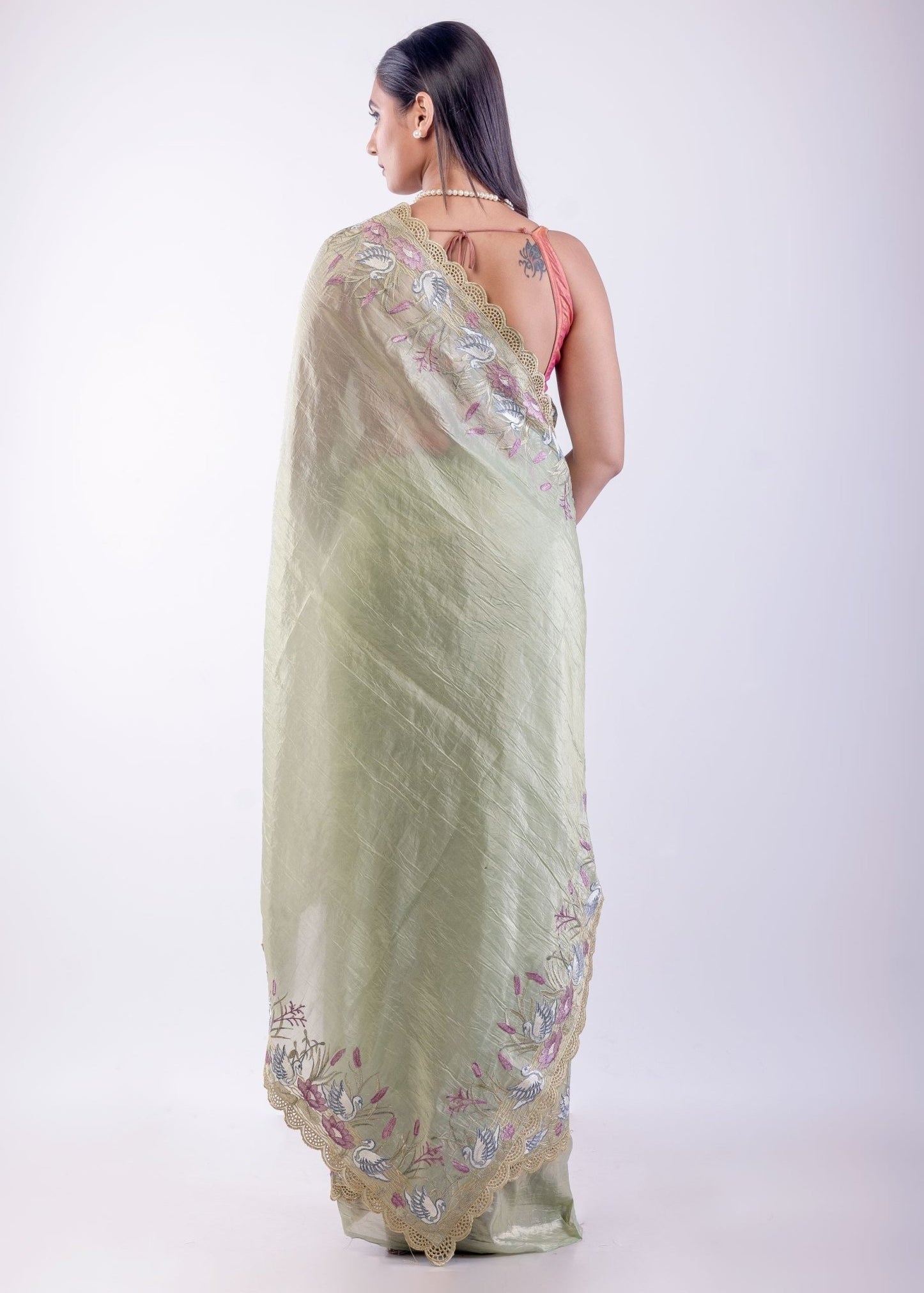 Light Green Tissue Silk Saree with Floral Thread Embroidered Work - Anvi Couture