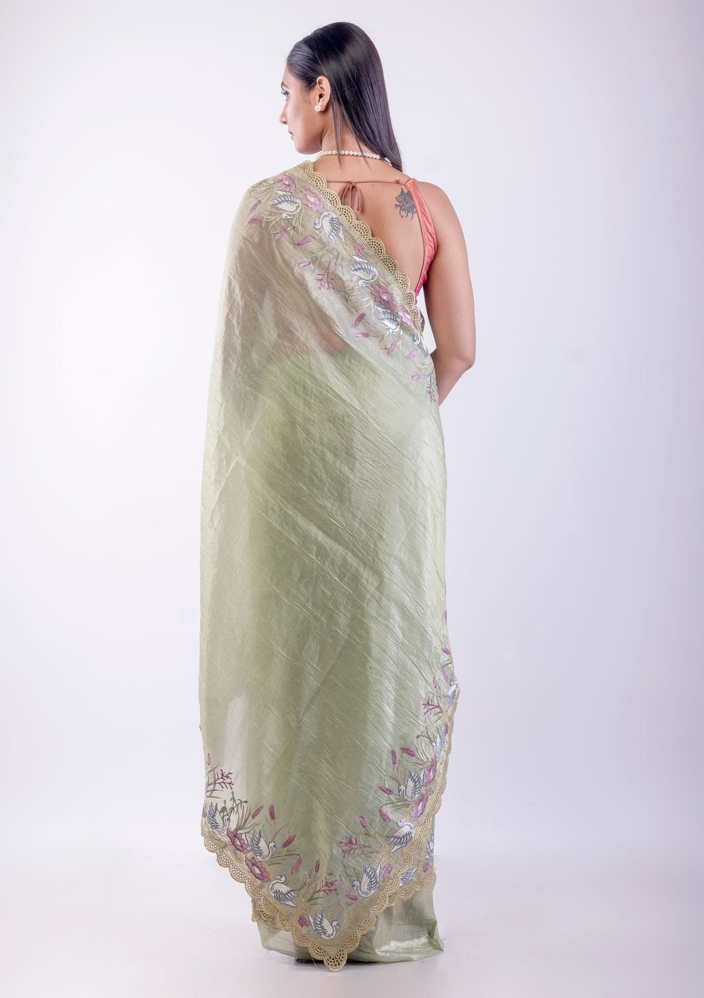 Light Green Tissue Silk Saree with Floral Thread Embroidered Work - Anvi Couture