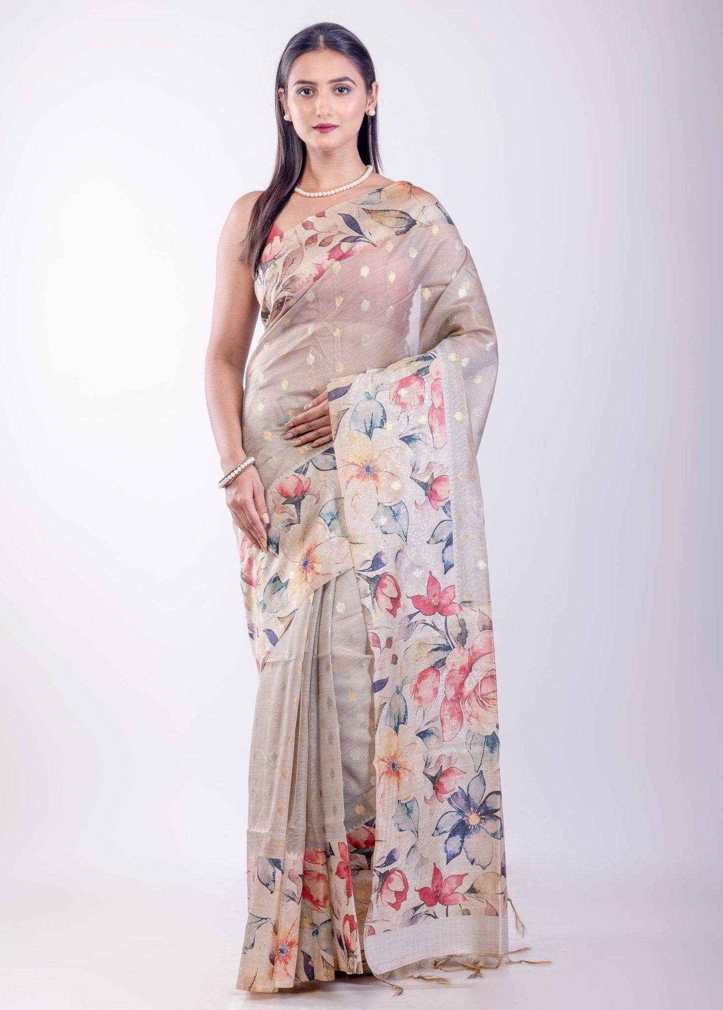 Ivory Printed Silk Saree with Self Butas - Anvi Couture