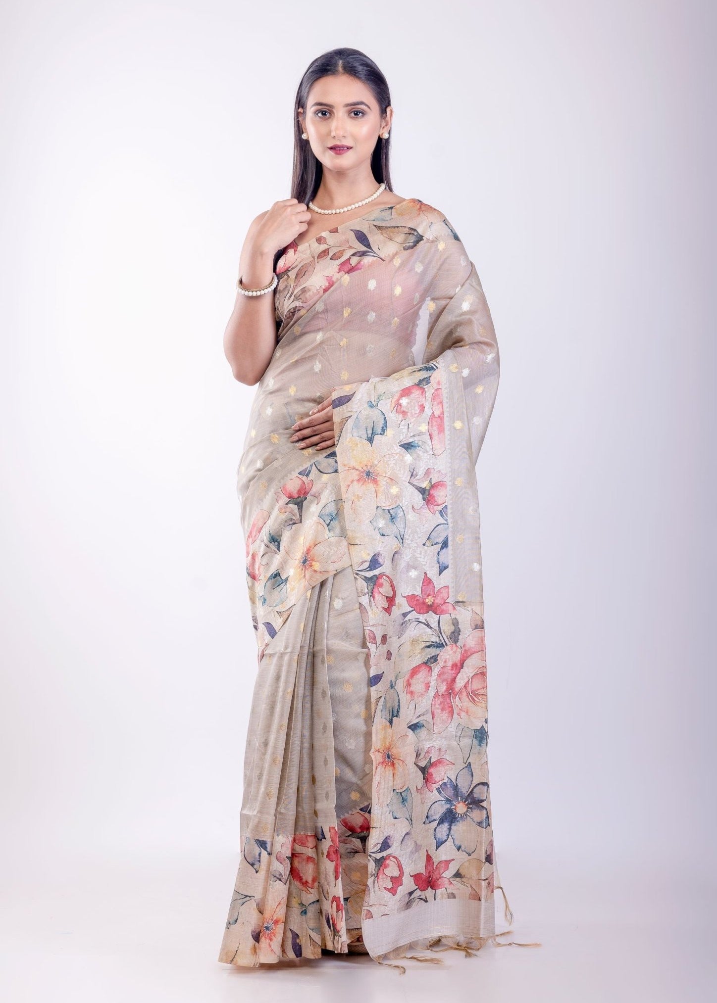Ivory Printed Silk Saree with Self Butas - Anvi Couture
