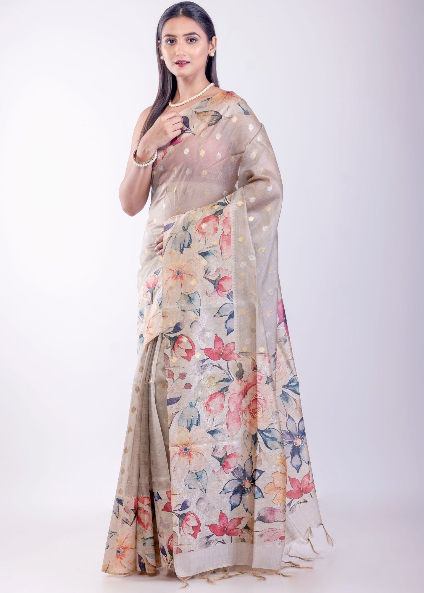 Ivory Printed Silk Saree with Self Butas - Anvi Couture