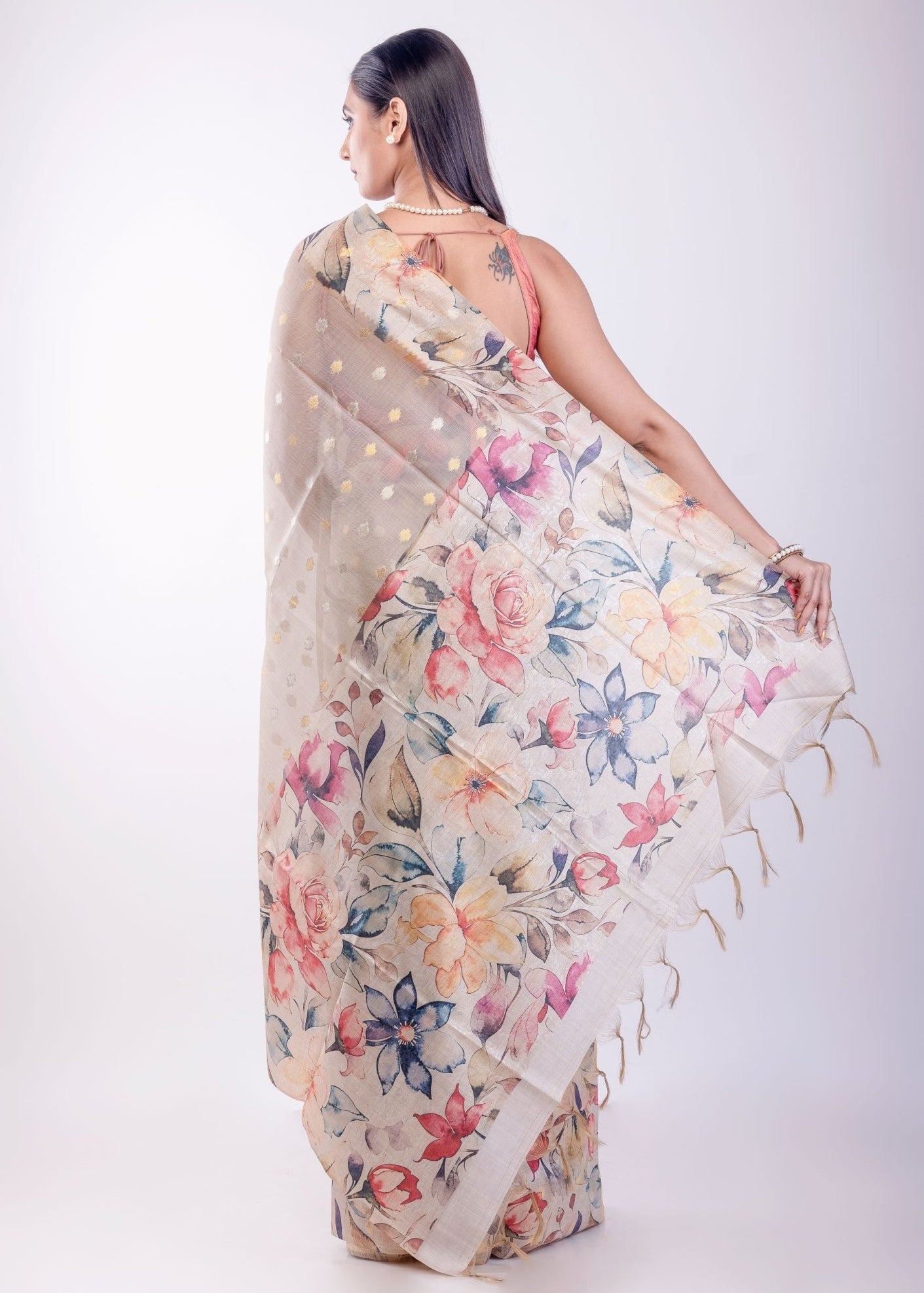 Ivory Printed Silk Saree with Self Butas - Anvi Couture