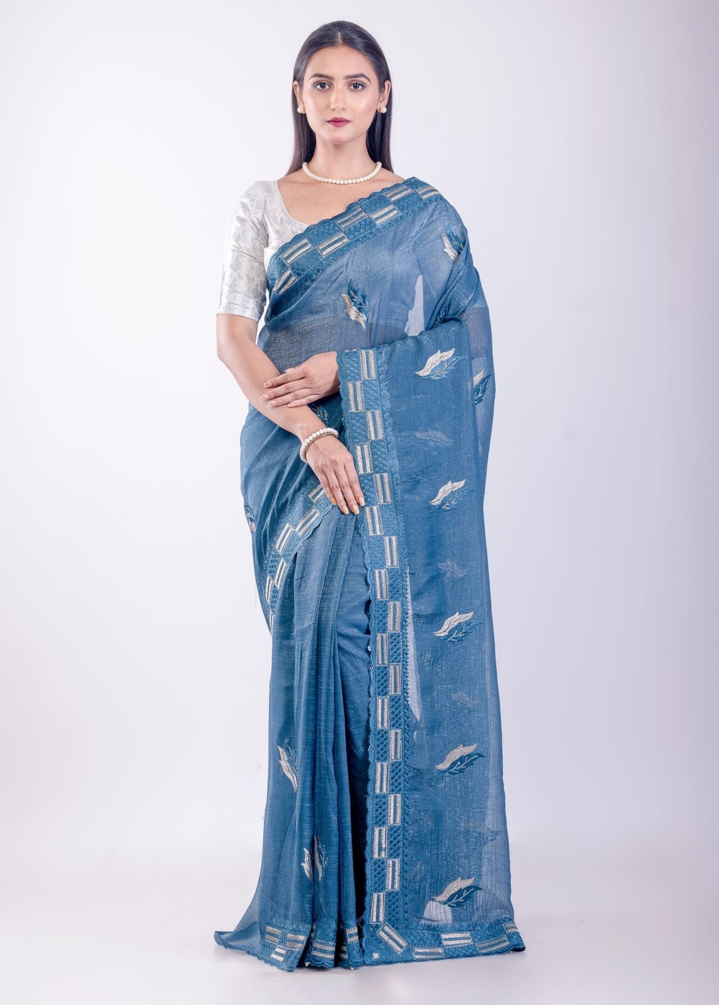 Blue Stone Embroidered Jimmy Choo Saree - Anvi Couture