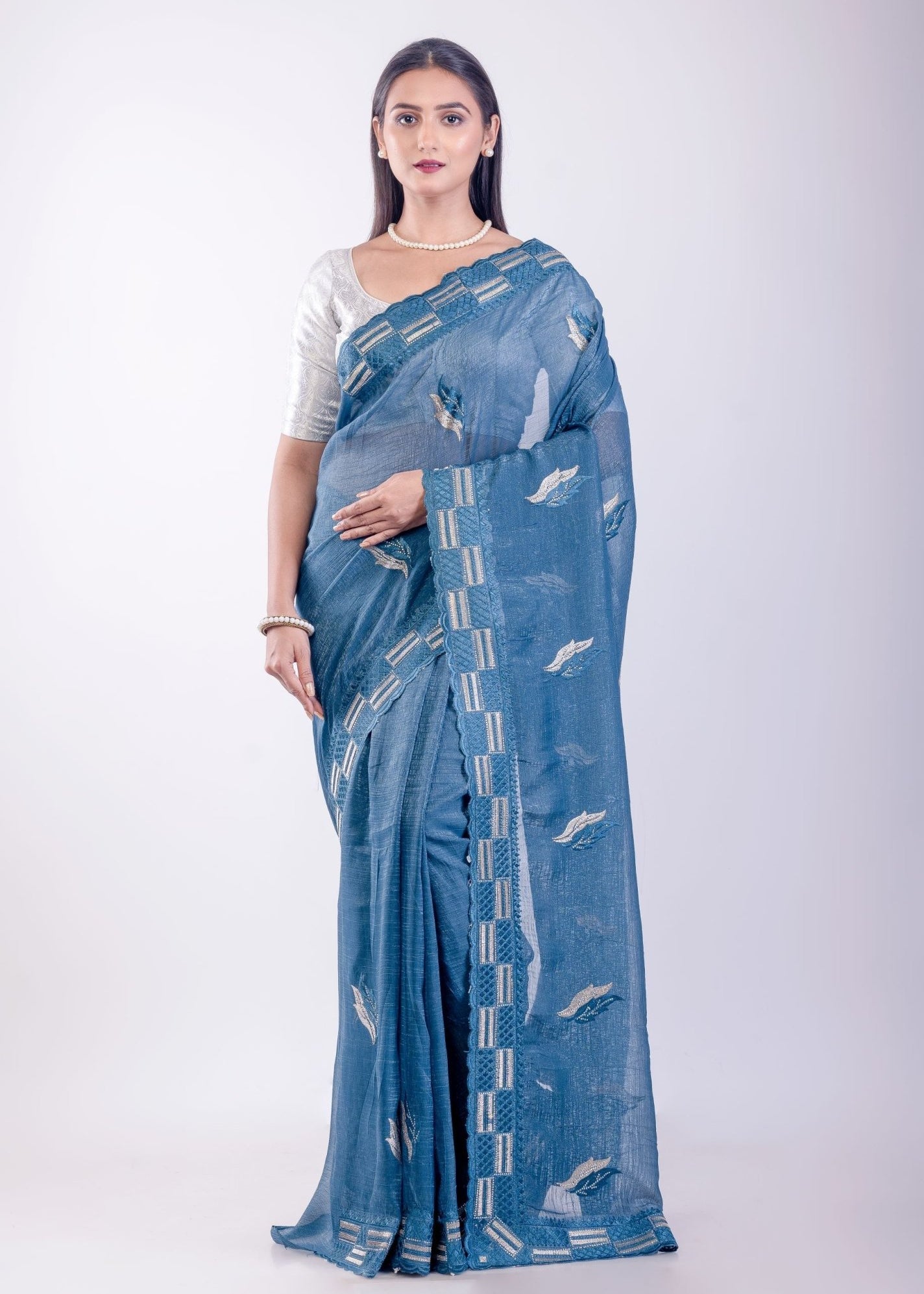 Blue Stone Embroidered Jimmy Choo Saree - Anvi Couture