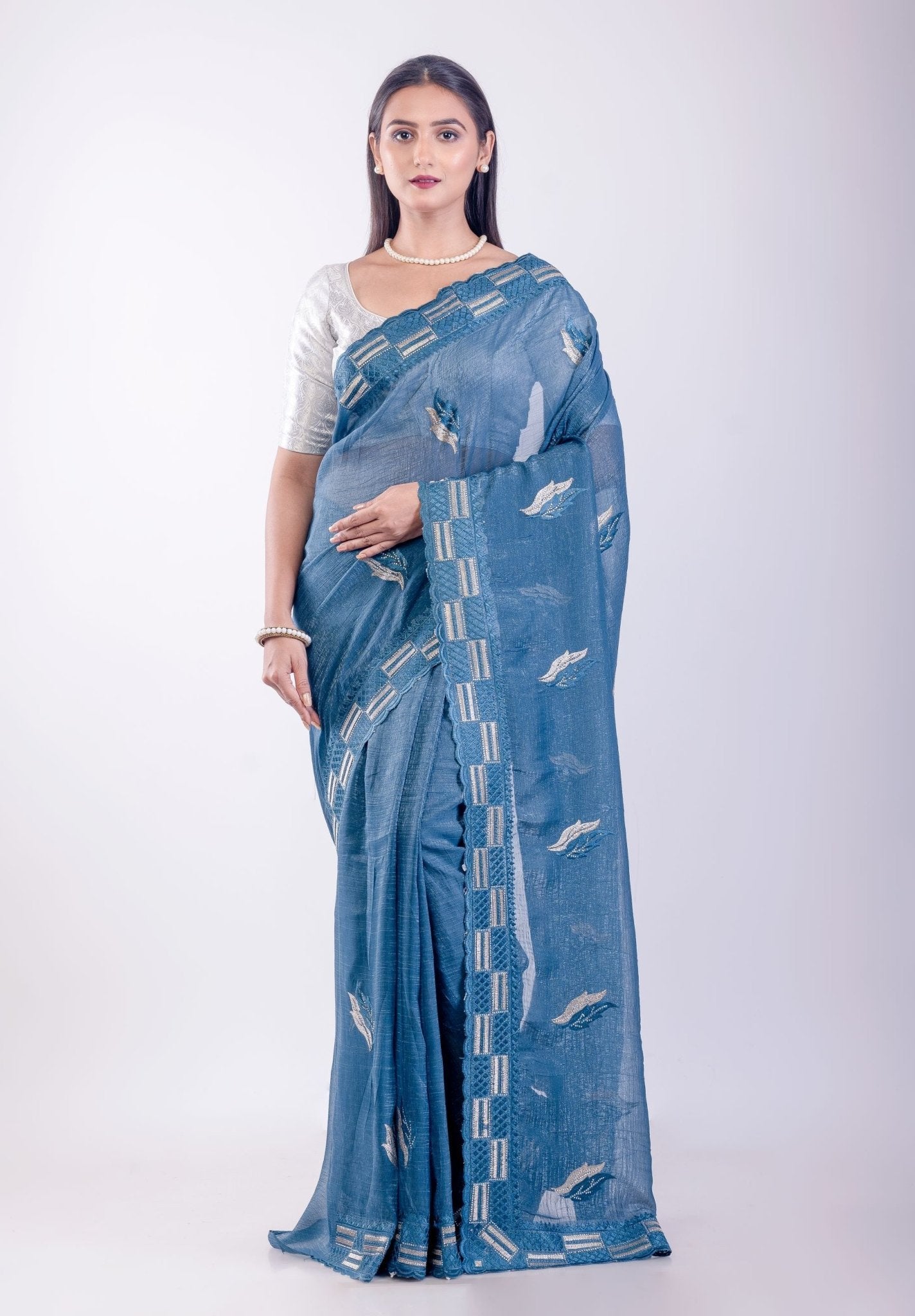 Blue Stone Embroidered Jimmy Choo Saree - Anvi Couture