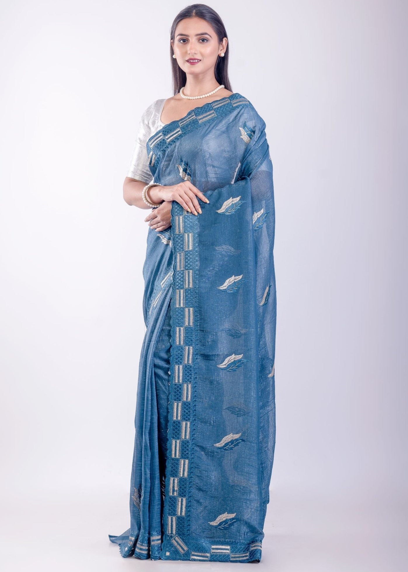 Blue Stone Embroidered Jimmy Choo Saree - Anvi Couture