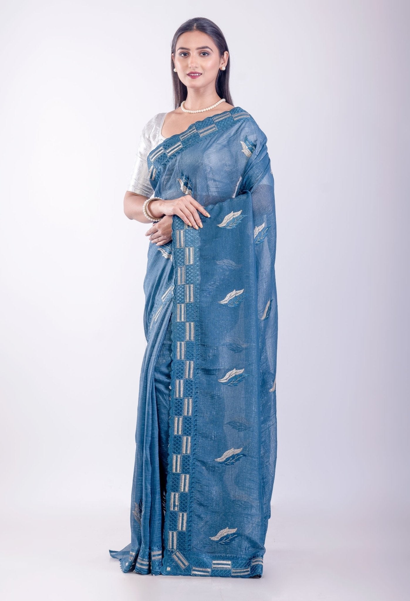 Blue Stone Embroidered Jimmy Choo Saree - Anvi Couture
