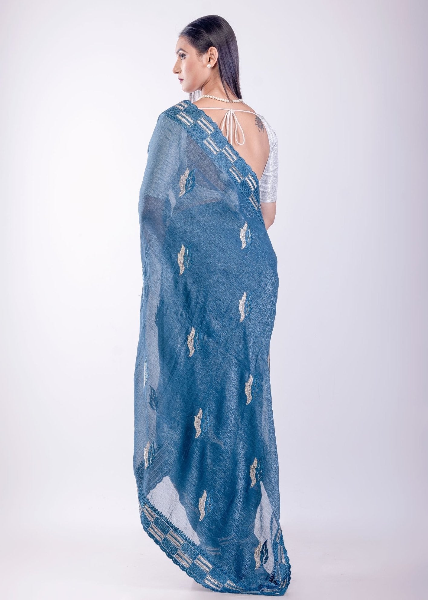 Blue Stone Embroidered Jimmy Choo Saree - Anvi Couture