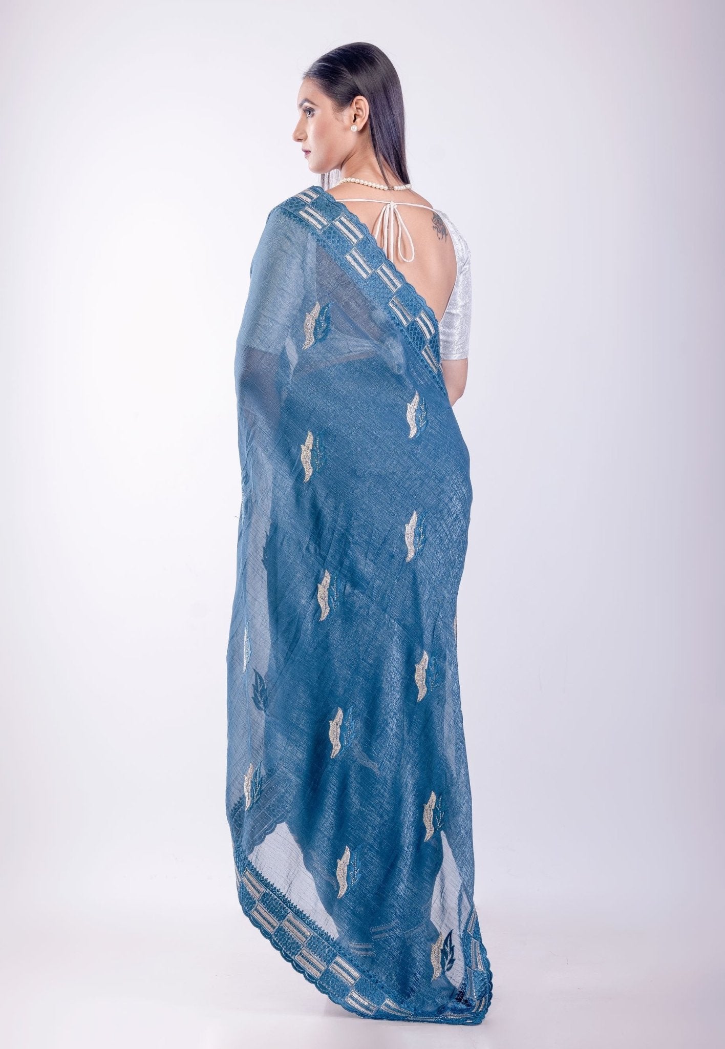 Blue Stone Embroidered Jimmy Choo Saree - Anvi Couture