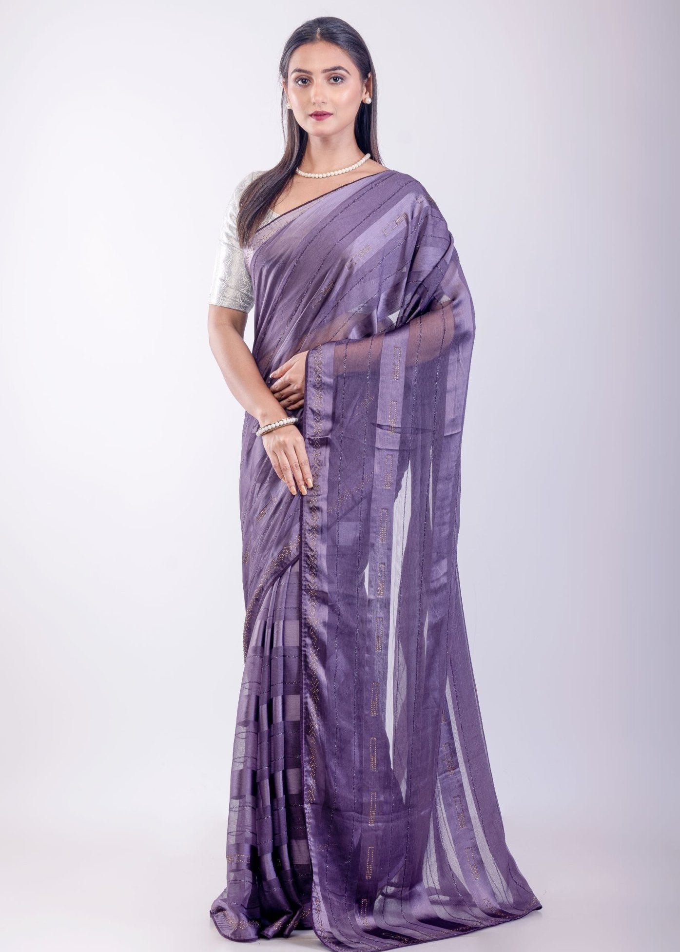 Ultra Violet Georgette Saree With Self Stripe - Anvi Couture