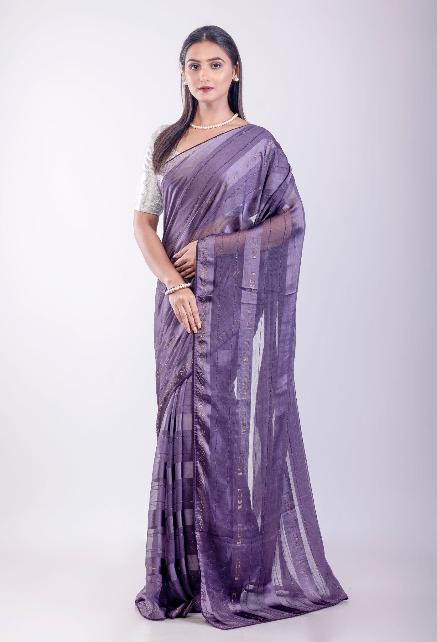 Ultra Violet Georgette Saree With Self Stripe - Anvi Couture