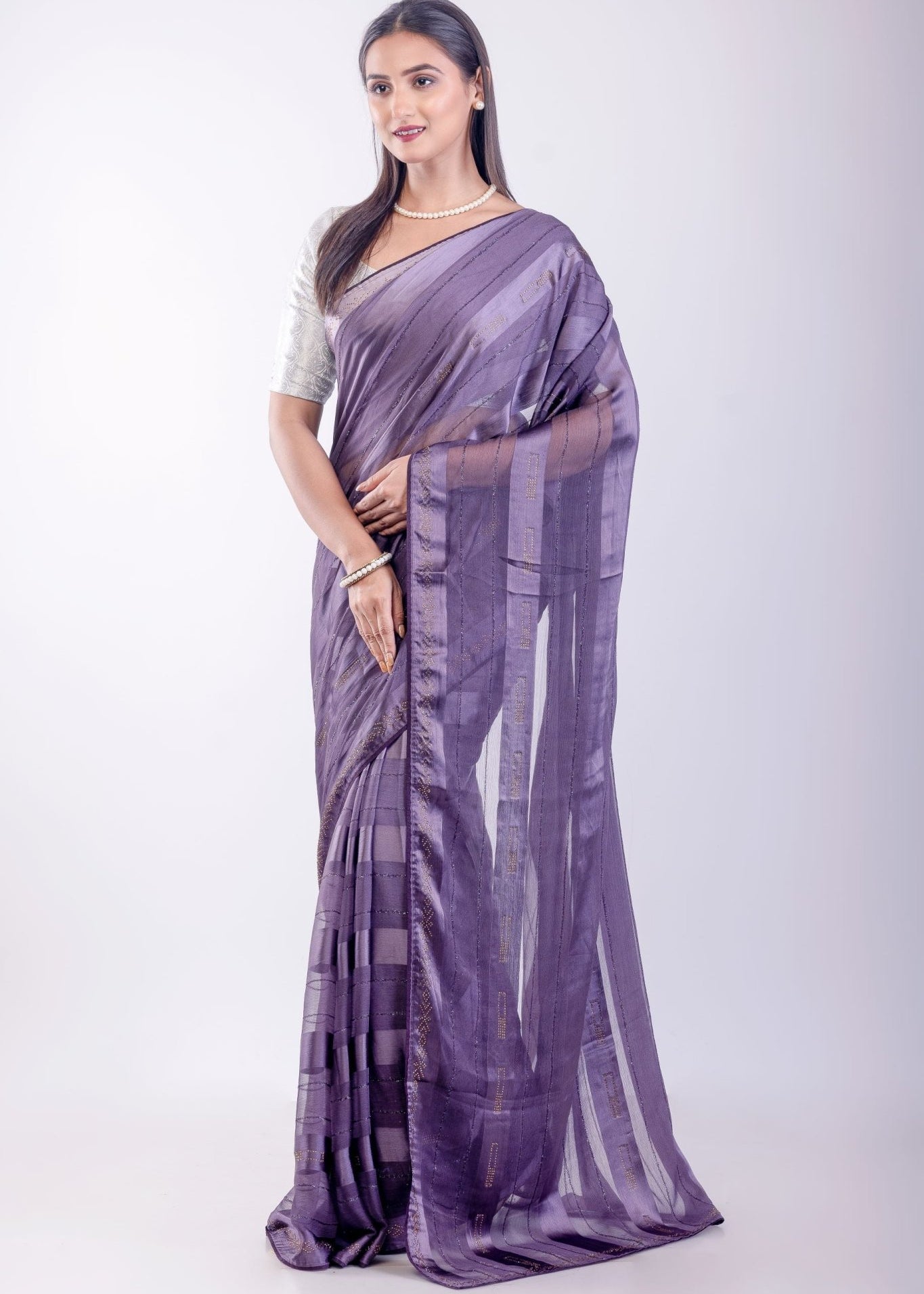 Ultra Violet Georgette Saree With Self Stripe - Anvi Couture