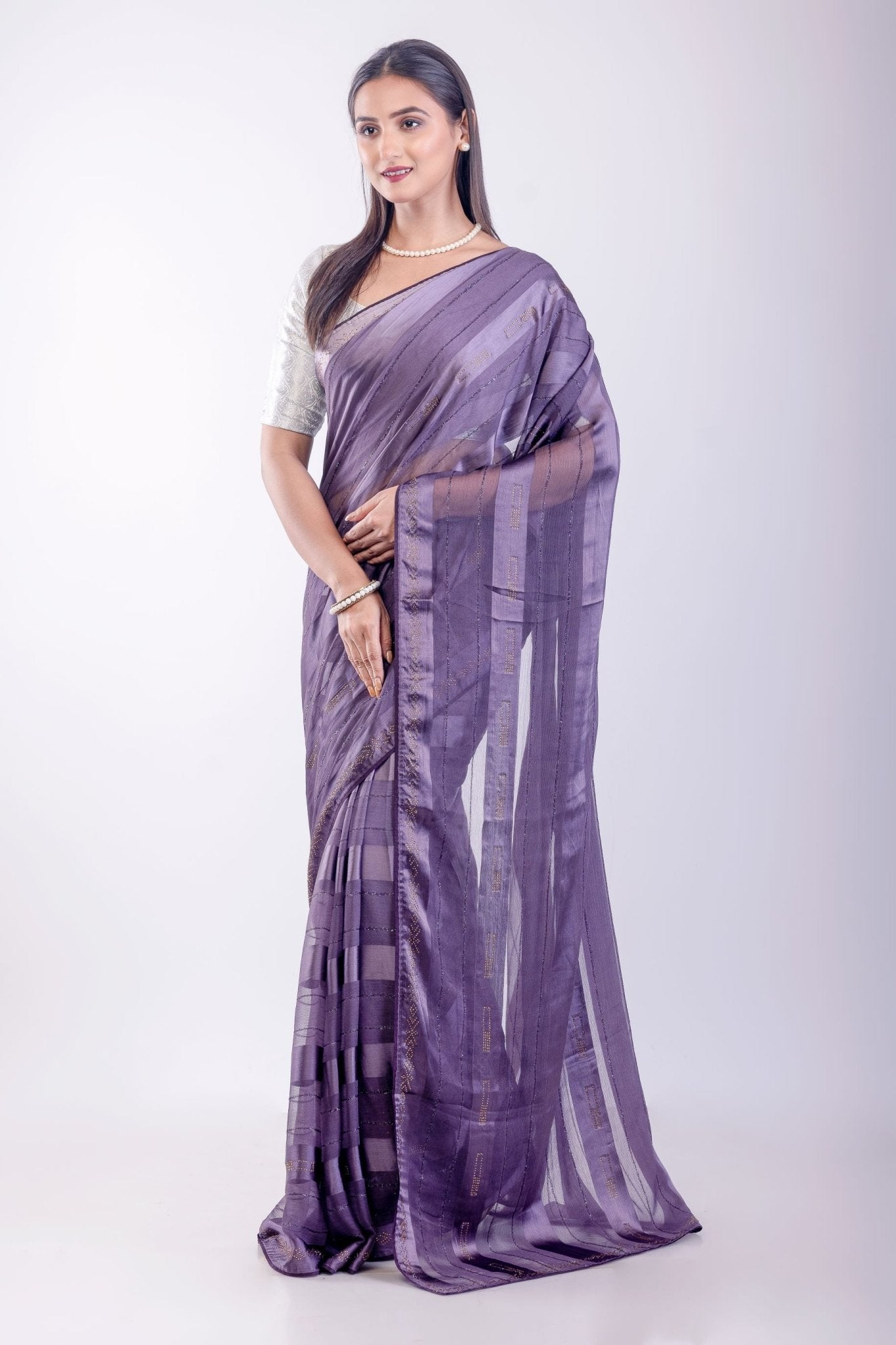 Ultra Violet Georgette Saree With Self Stripe - Anvi Couture