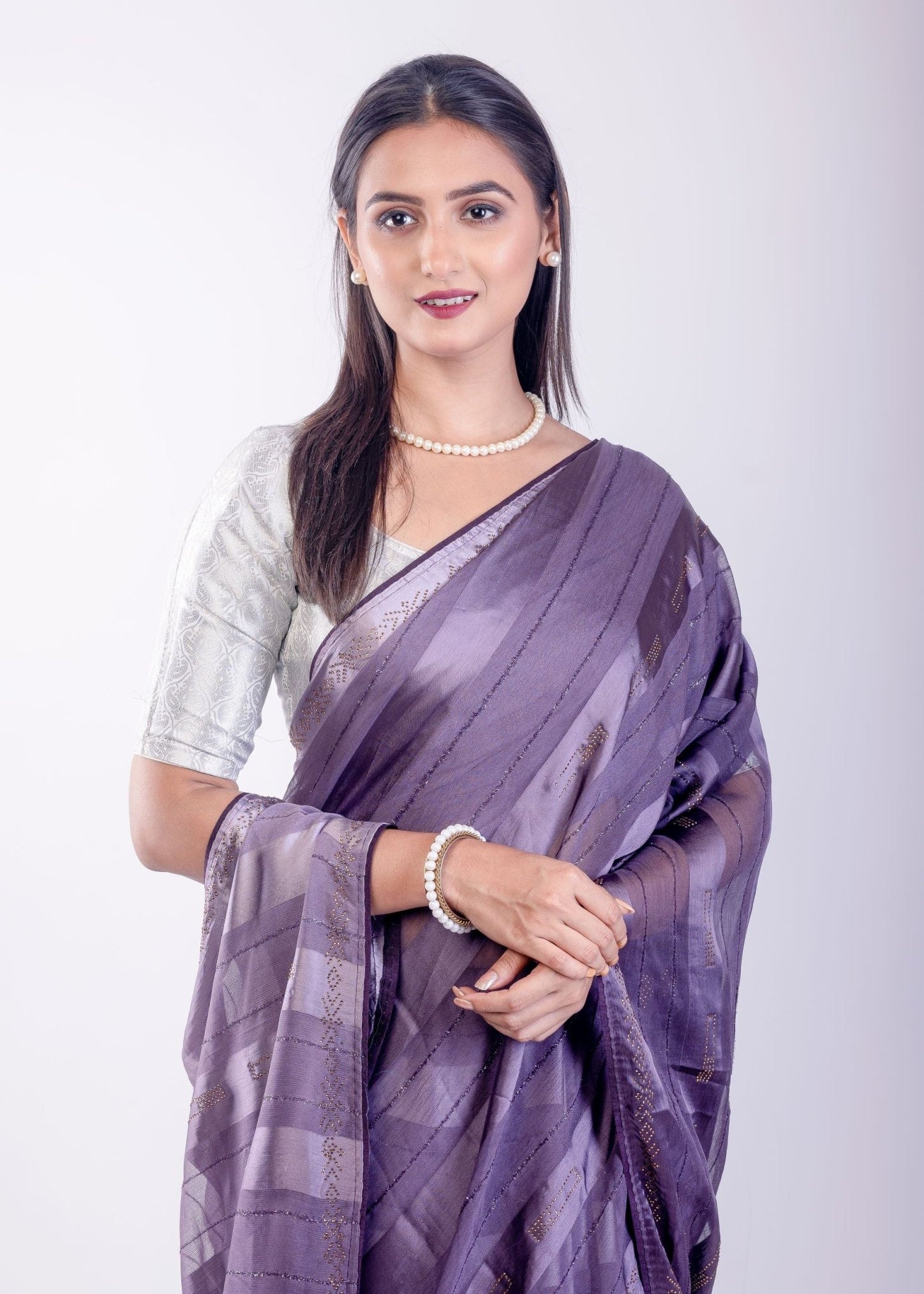 Ultra Violet Georgette Saree With Self Stripe - Anvi Couture