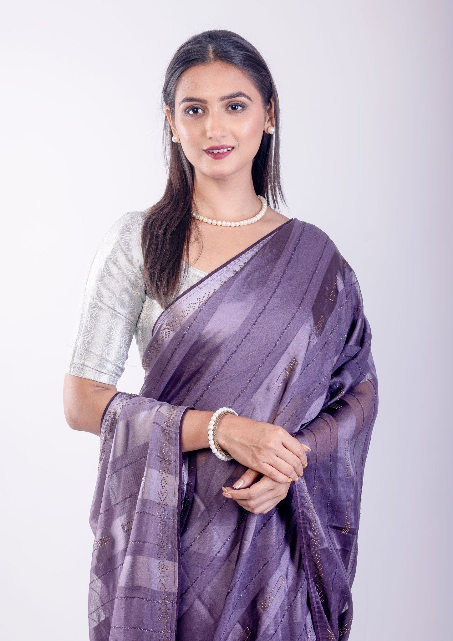 Ultra Violet Georgette Saree With Self Stripe - Anvi Couture