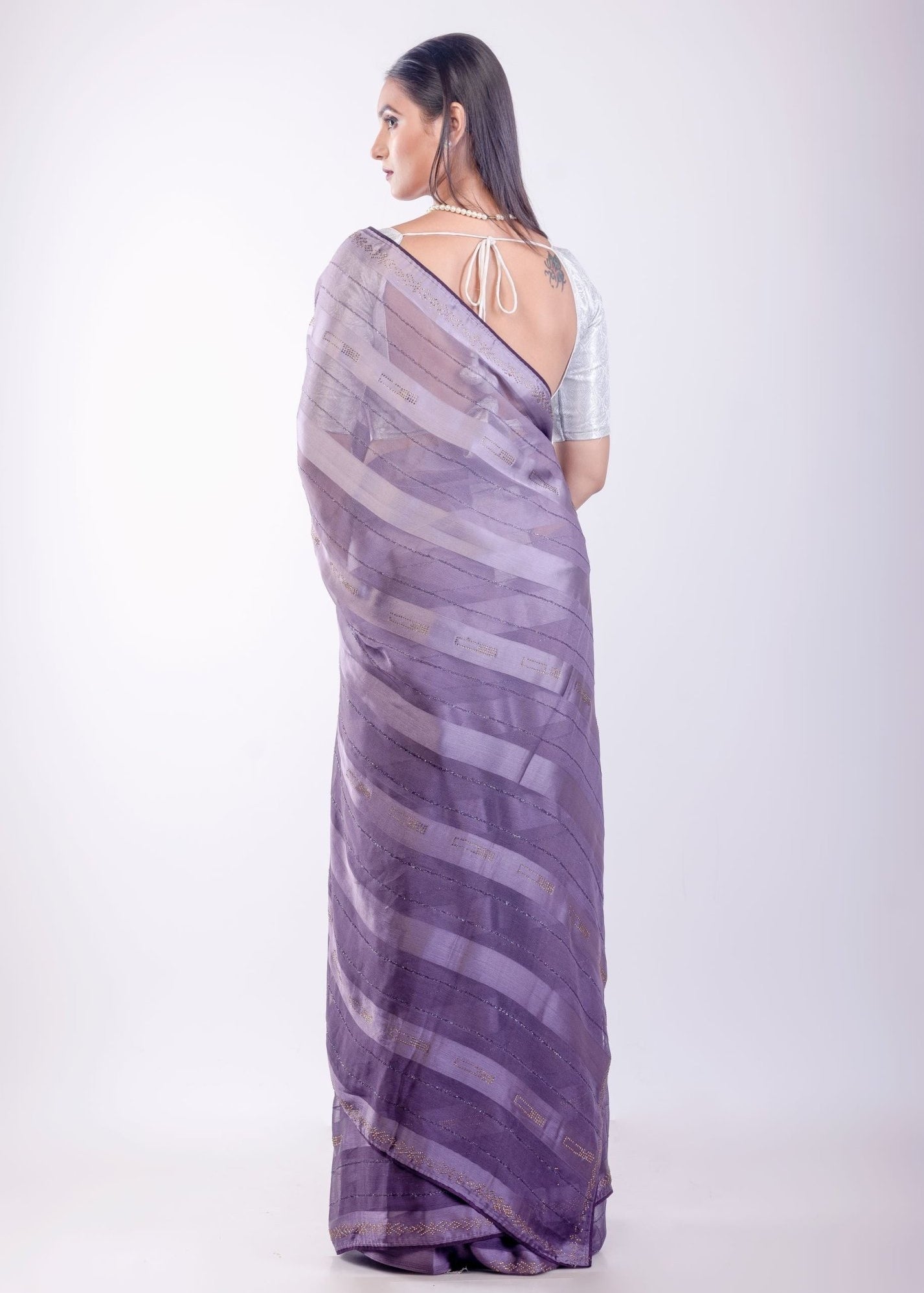 Ultra Violet Georgette Saree With Self Stripe - Anvi Couture