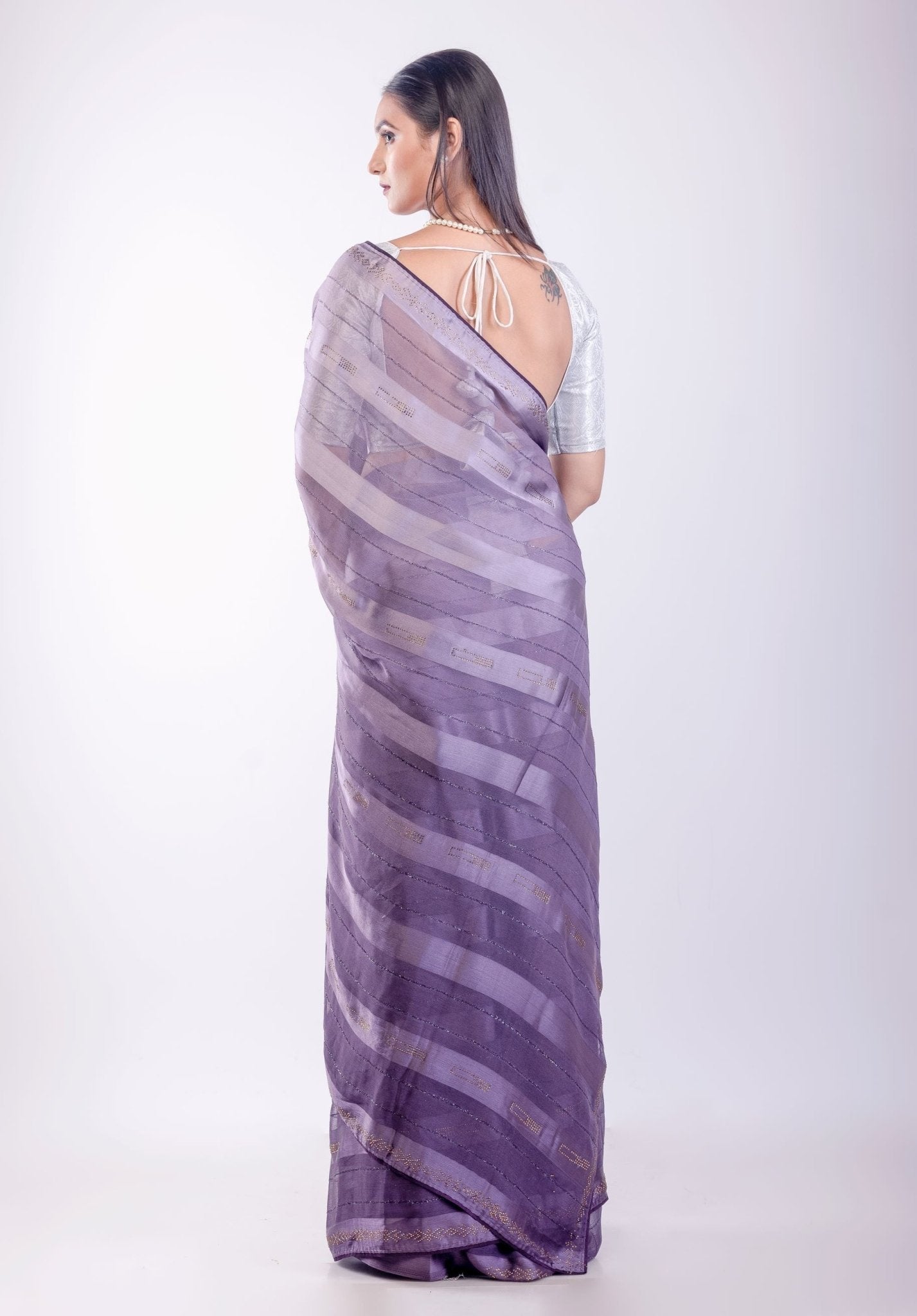 Ultra Violet Georgette Saree With Self Stripe - Anvi Couture