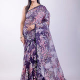 Purple Floral Glass Tissue Saree - Anvi Couture