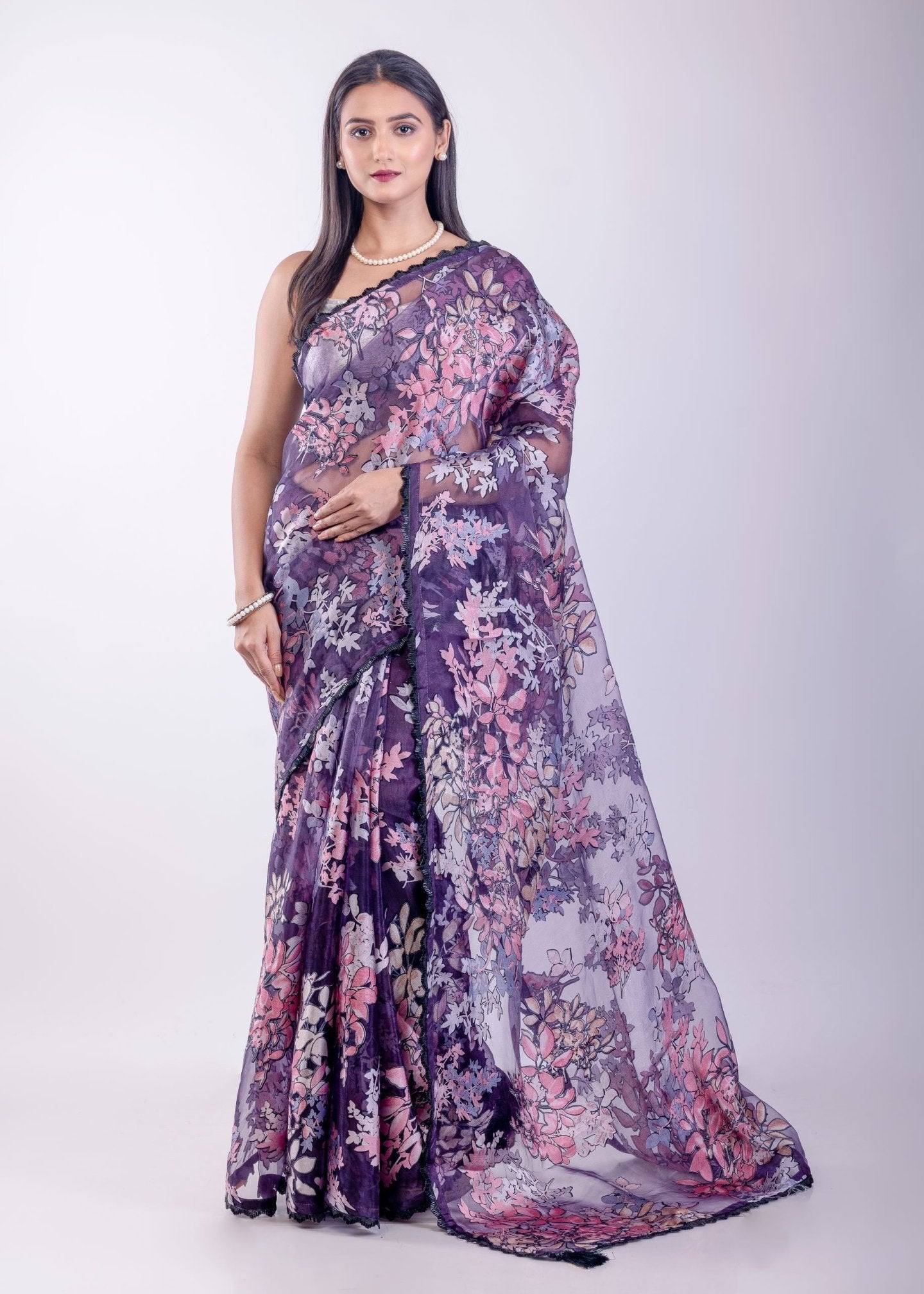 Purple Floral Glass Tissue Saree - Anvi Couture