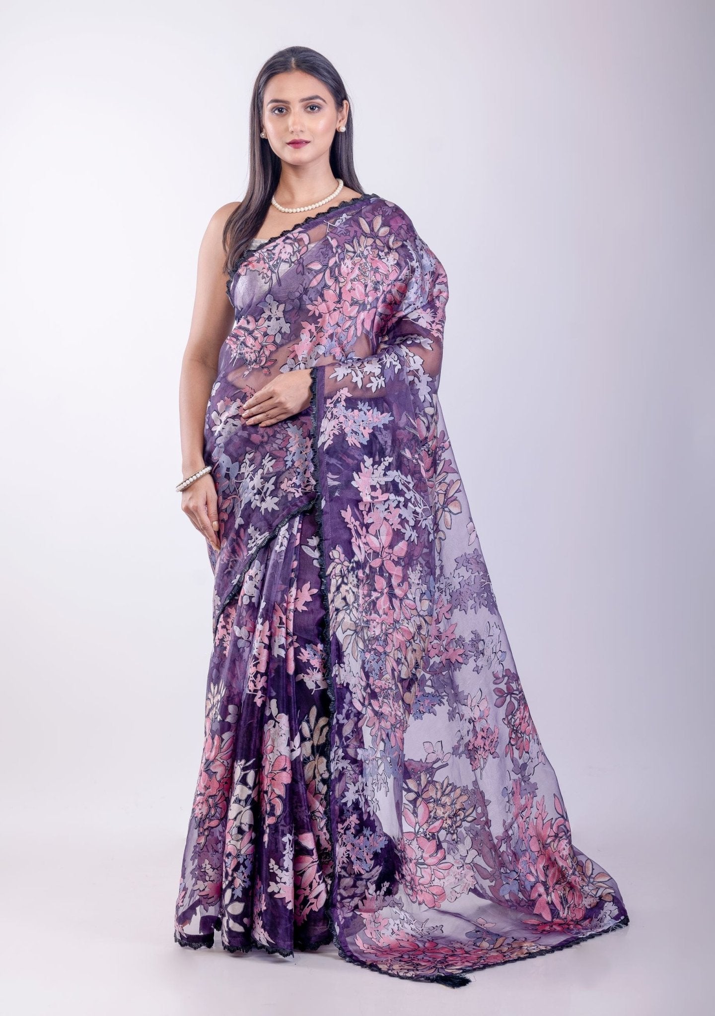Purple Floral Glass Tissue Saree - Anvi Couture