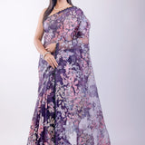 Purple Floral Glass Tissue Saree - Anvi Couture