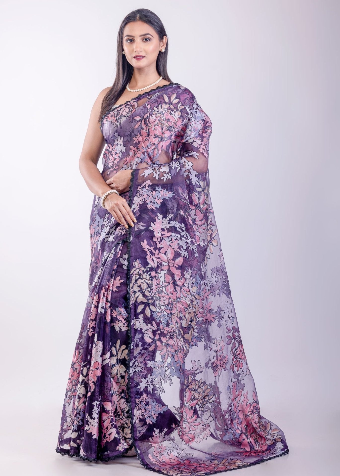 Purple Floral Glass Tissue Saree - Anvi Couture