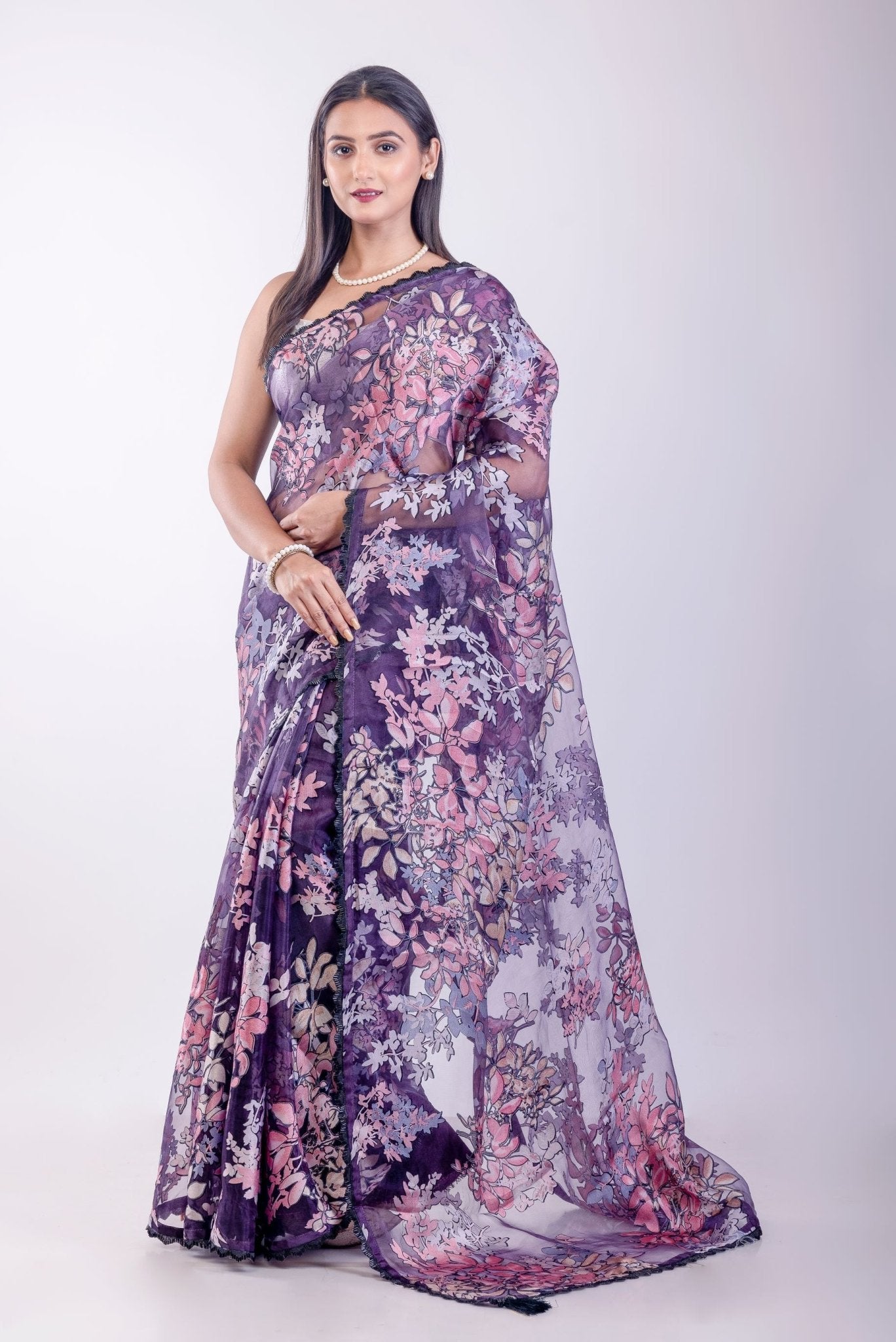 Purple Floral Glass Tissue Saree - Anvi Couture