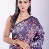 Purple Floral Glass Tissue Saree - Anvi Couture