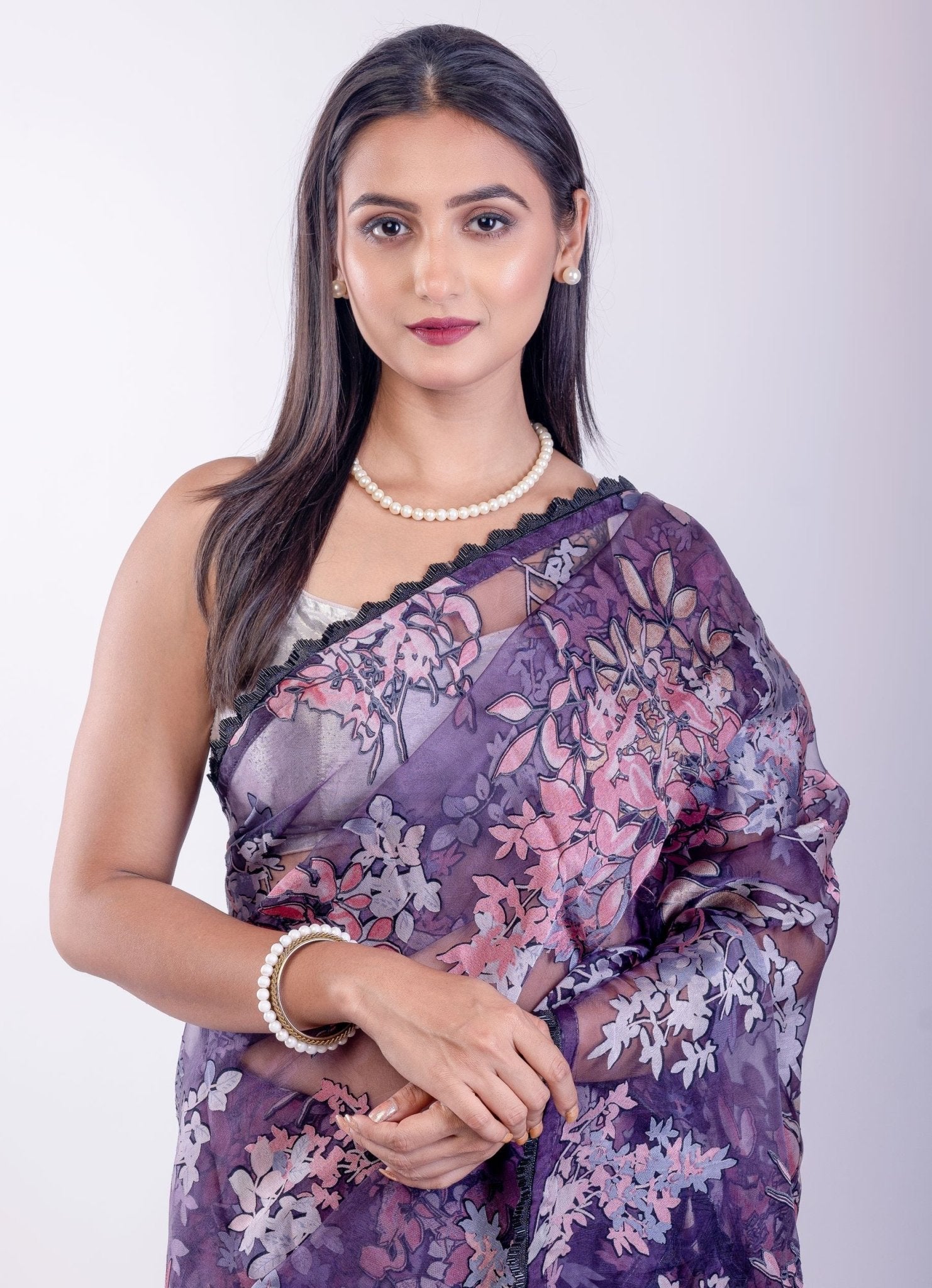 Purple Floral Glass Tissue Saree - Anvi Couture