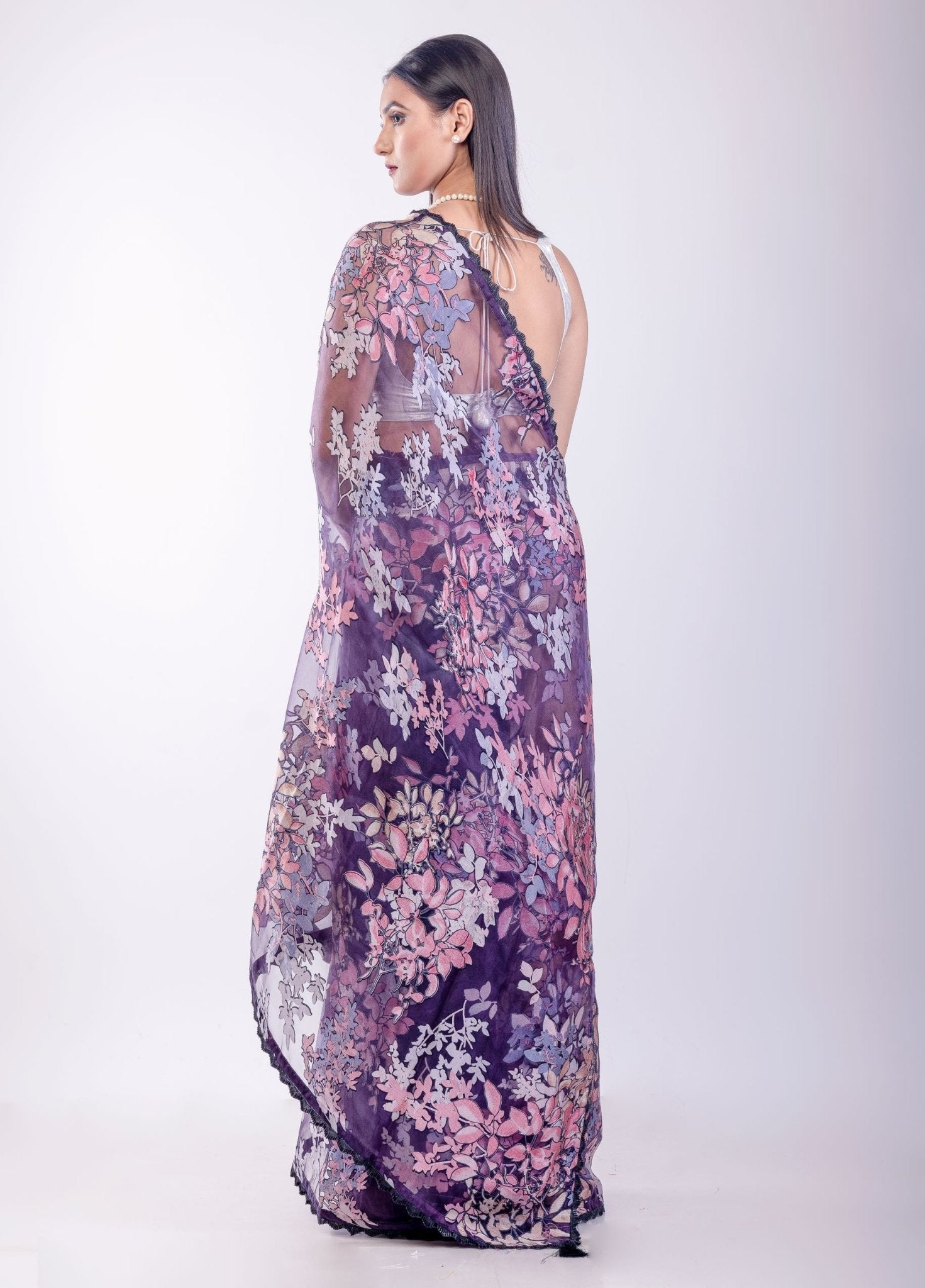 Purple Floral Glass Tissue Saree - Anvi Couture
