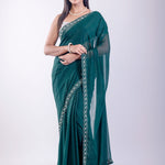 Dark Green Jimmy Choo Saree with Stone Embroidered Border - Anvi Couture