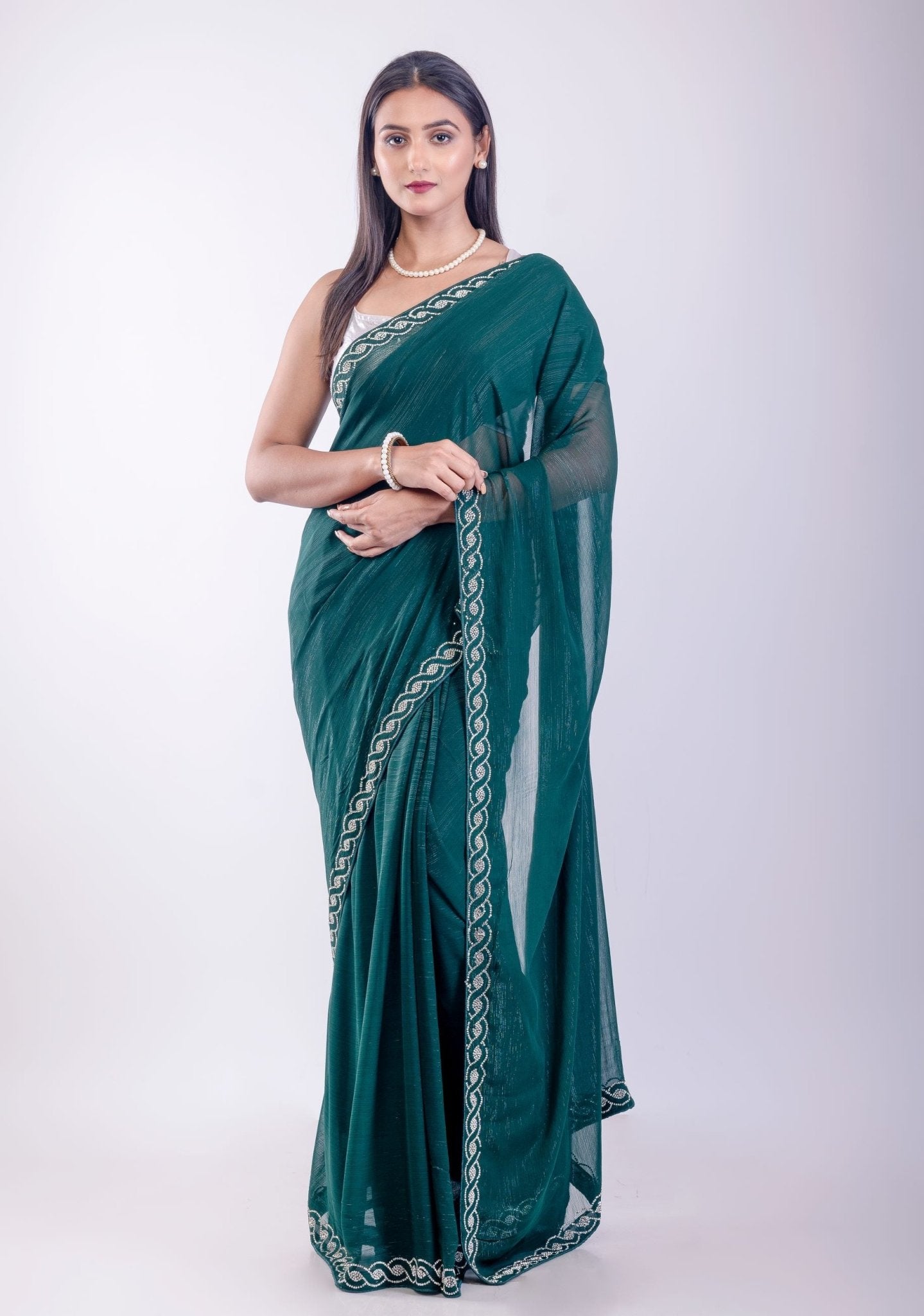 Dark Green Jimmy Choo Saree with Stone Embroidered Border - Anvi Couture