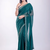 Dark Green Jimmy Choo Saree with Stone Embroidered Border - Anvi Couture