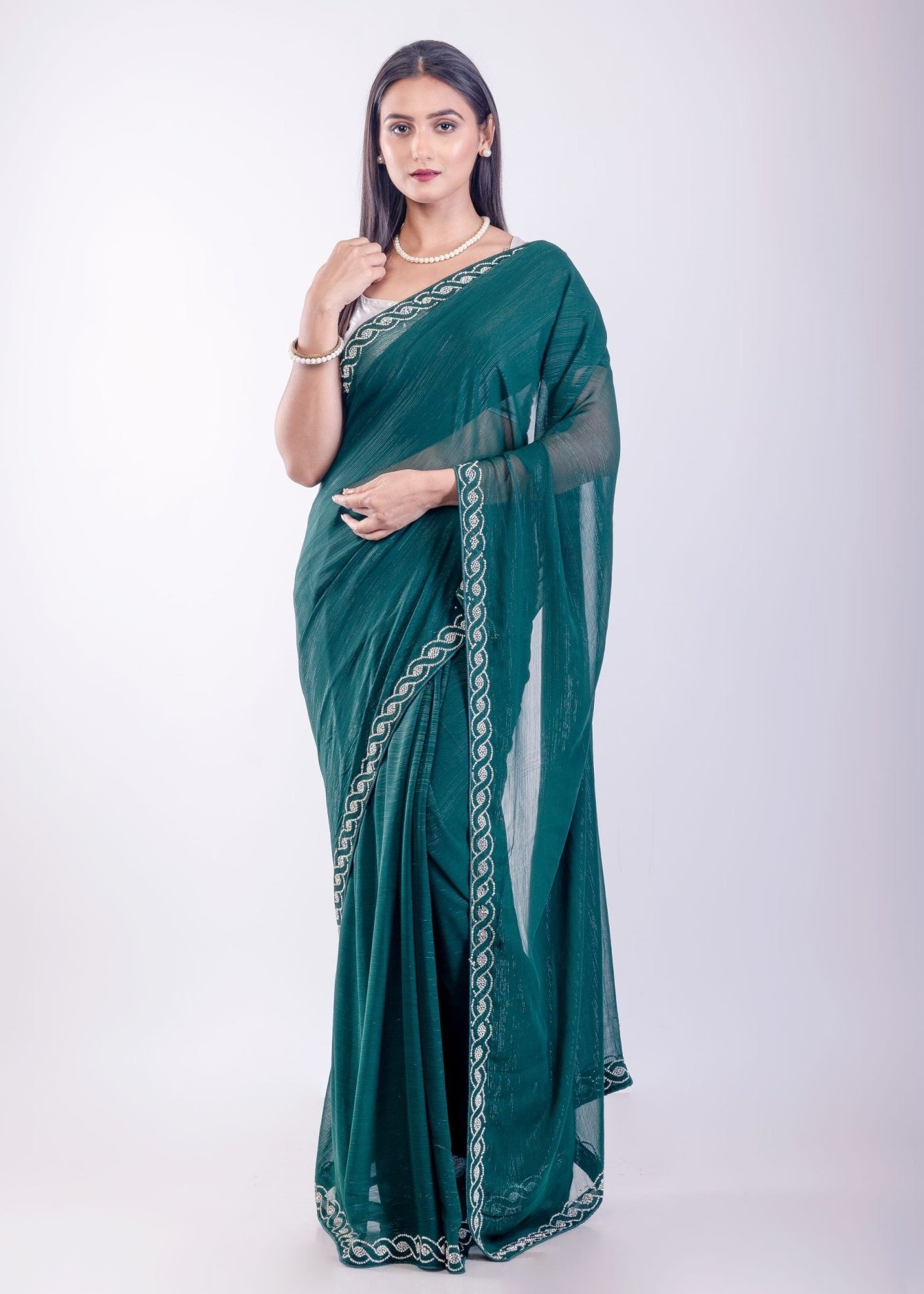 Dark Green Jimmy Choo Saree with Stone Embroidered Border - Anvi Couture