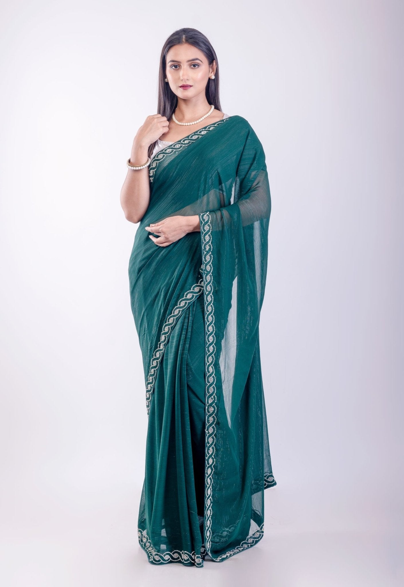 Dark Green Jimmy Choo Saree with Stone Embroidered Border - Anvi Couture