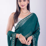 Dark Green Jimmy Choo Saree with Stone Embroidered Border - Anvi Couture